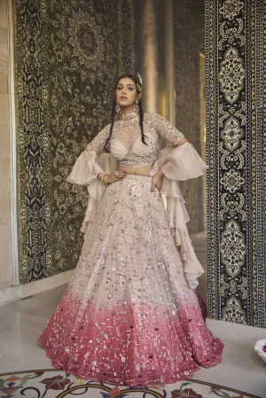 Mesmerizing Pink Ombre Net Lehenga with Swarovski & Sequin Magic