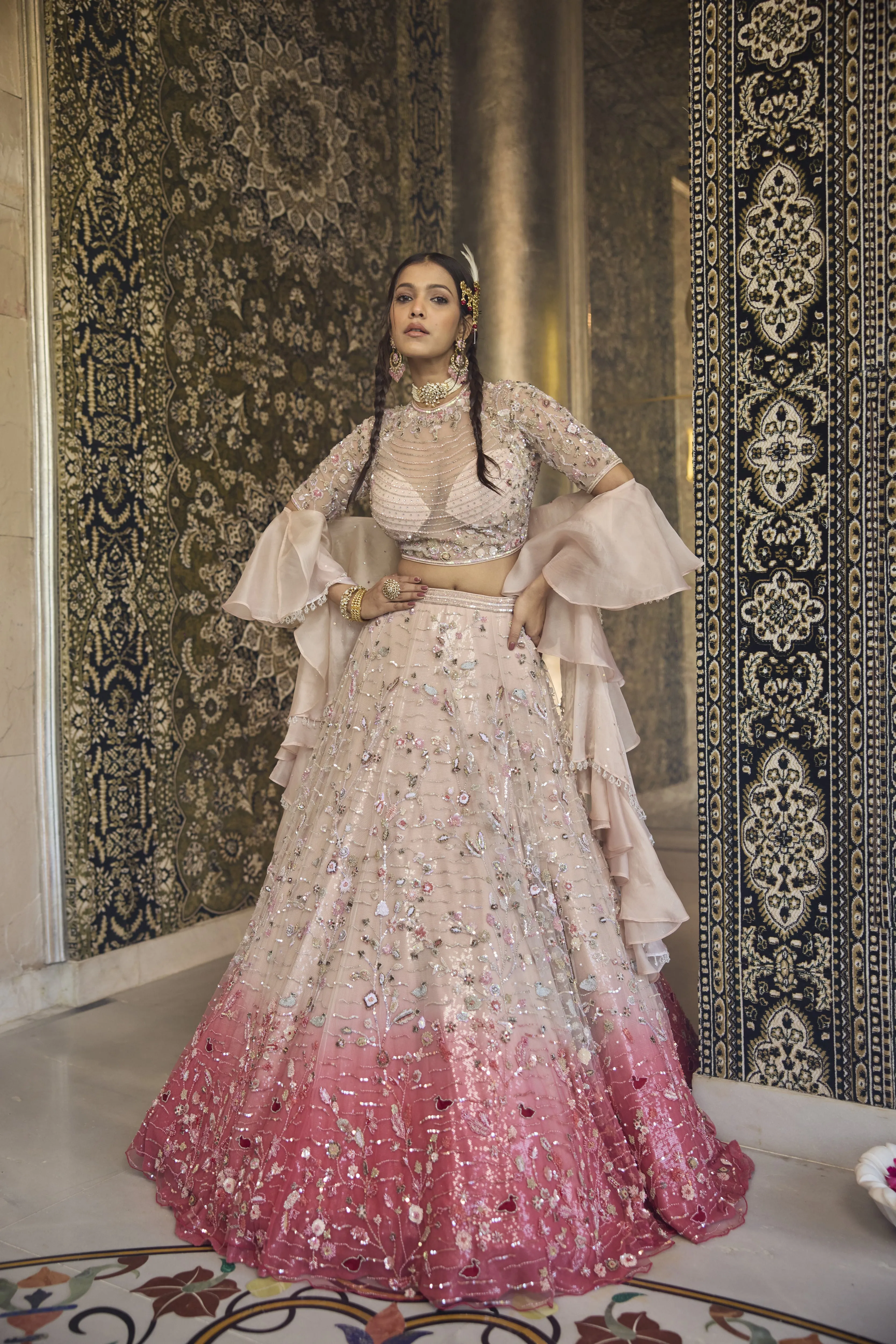 Mesmerizing Pink Ombre Net Lehenga with Swarovski & Sequin Magic