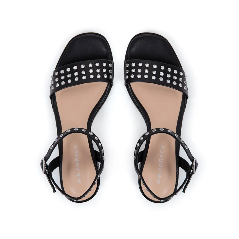 Michelle: Black Leather Studded Low Block Heel Sandals