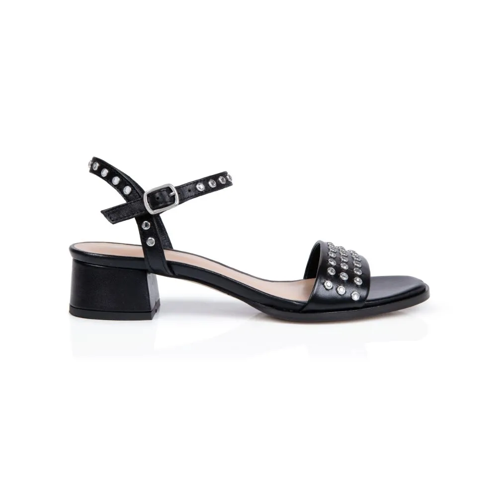 Michelle: Black Leather Studded Low Block Heel Sandals