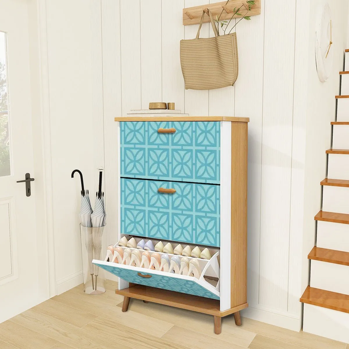 Mid Century Modern Breeze Block Shoe Cabinet, Retro Aqua Geometric Storage, MCM 3-Tier Organizer