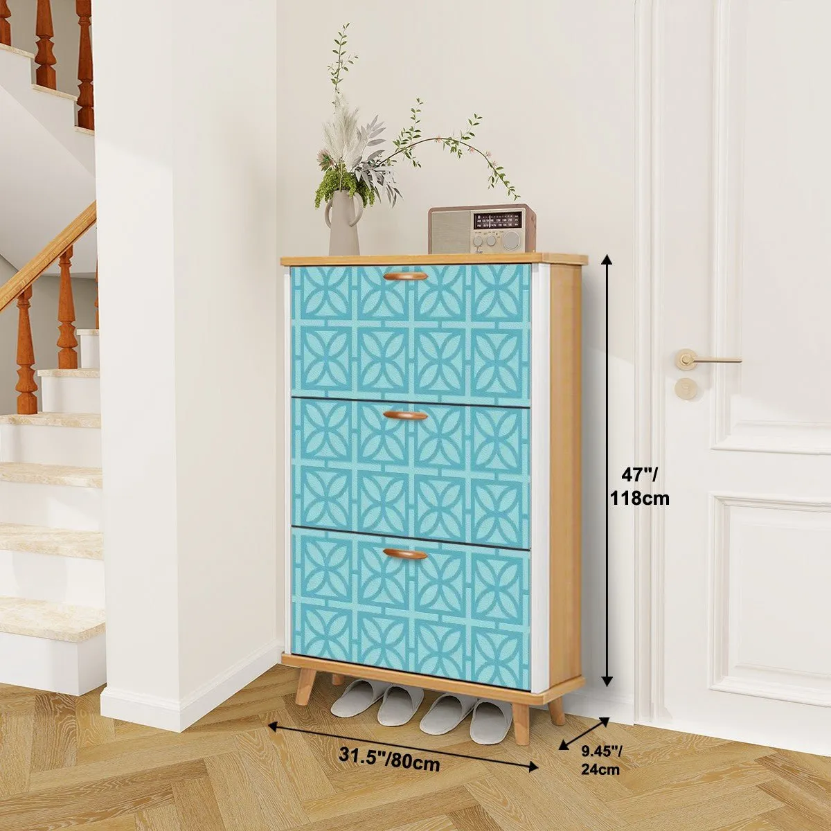 Mid Century Modern Breeze Block Shoe Cabinet, Retro Aqua Geometric Storage, MCM 3-Tier Organizer
