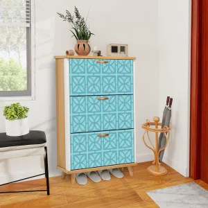 Mid Century Modern Breeze Block Shoe Cabinet, Retro Aqua Geometric Storage, MCM 3-Tier Organizer