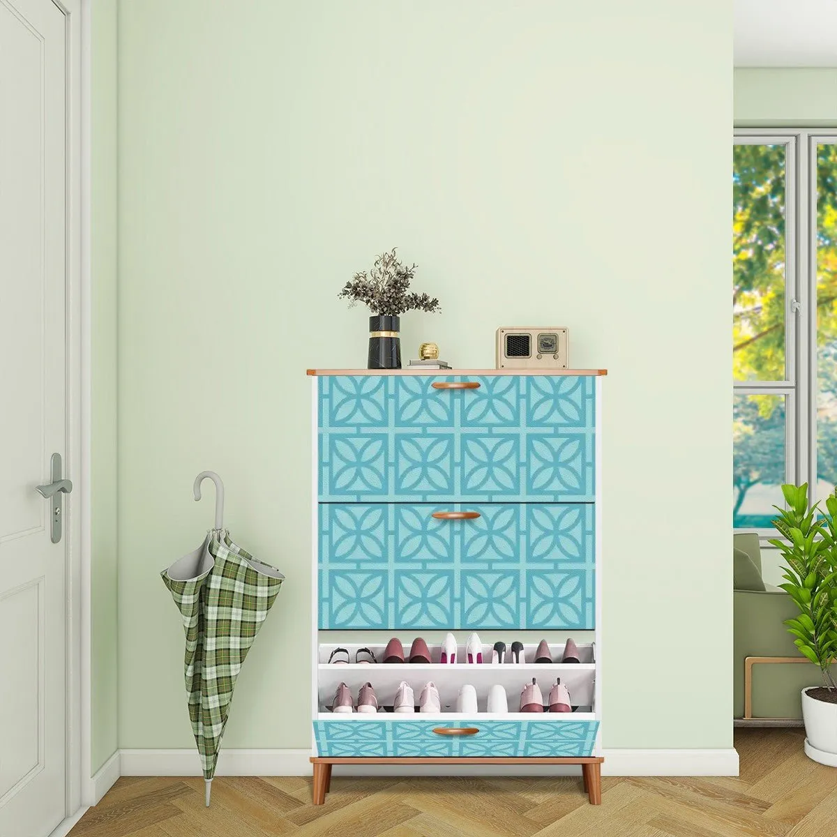 Mid Century Modern Breeze Block Shoe Cabinet, Retro Aqua Geometric Storage, MCM 3-Tier Organizer