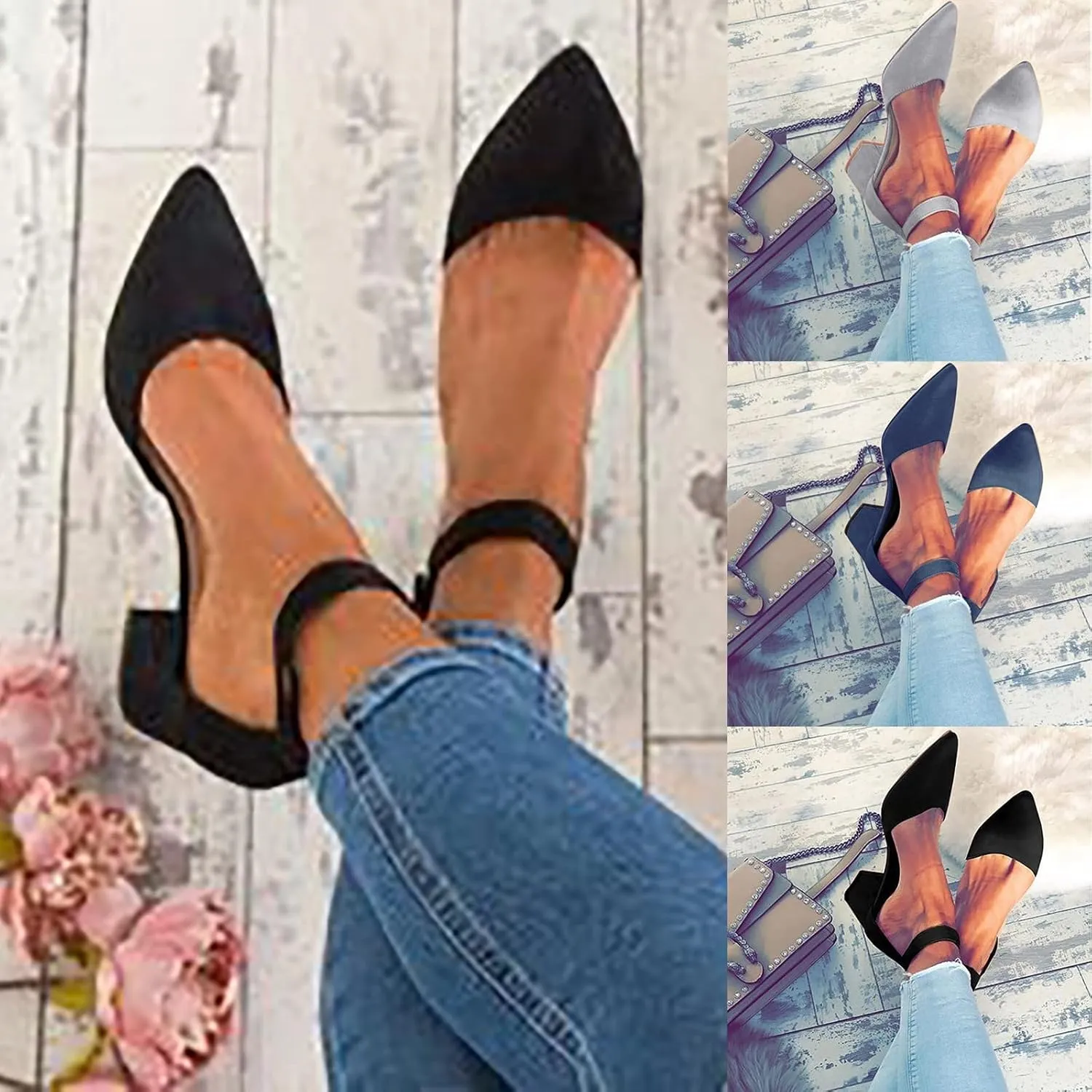 Mid Heel for Women 2025 Pointed Toe Pumps Ankle Strap Sandals Buckle Chunky Heel Dress Shoes Summer Shoes