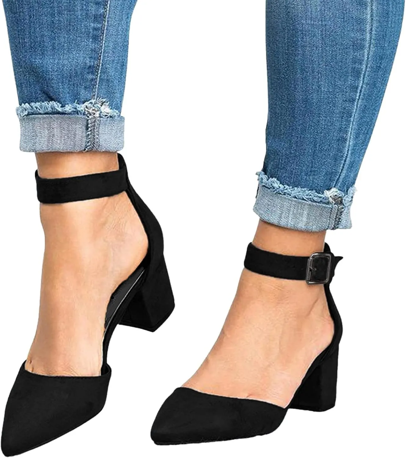 Mid Heel for Women 2025 Pointed Toe Pumps Ankle Strap Sandals Buckle Chunky Heel Dress Shoes Summer Shoes