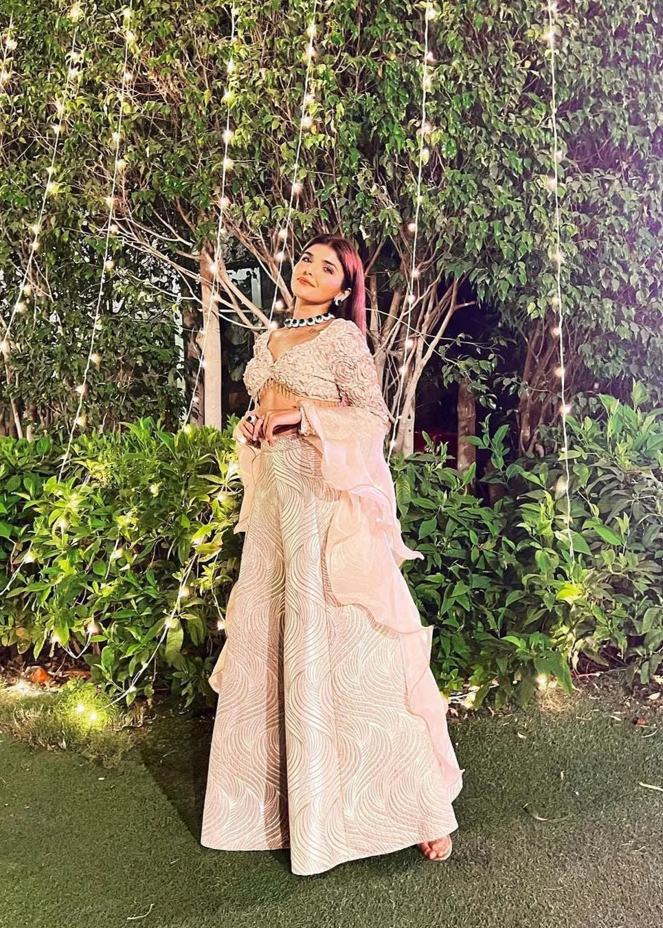 Mina and Idika Rose Gold Silk Jacquard Kali Lehenga Set