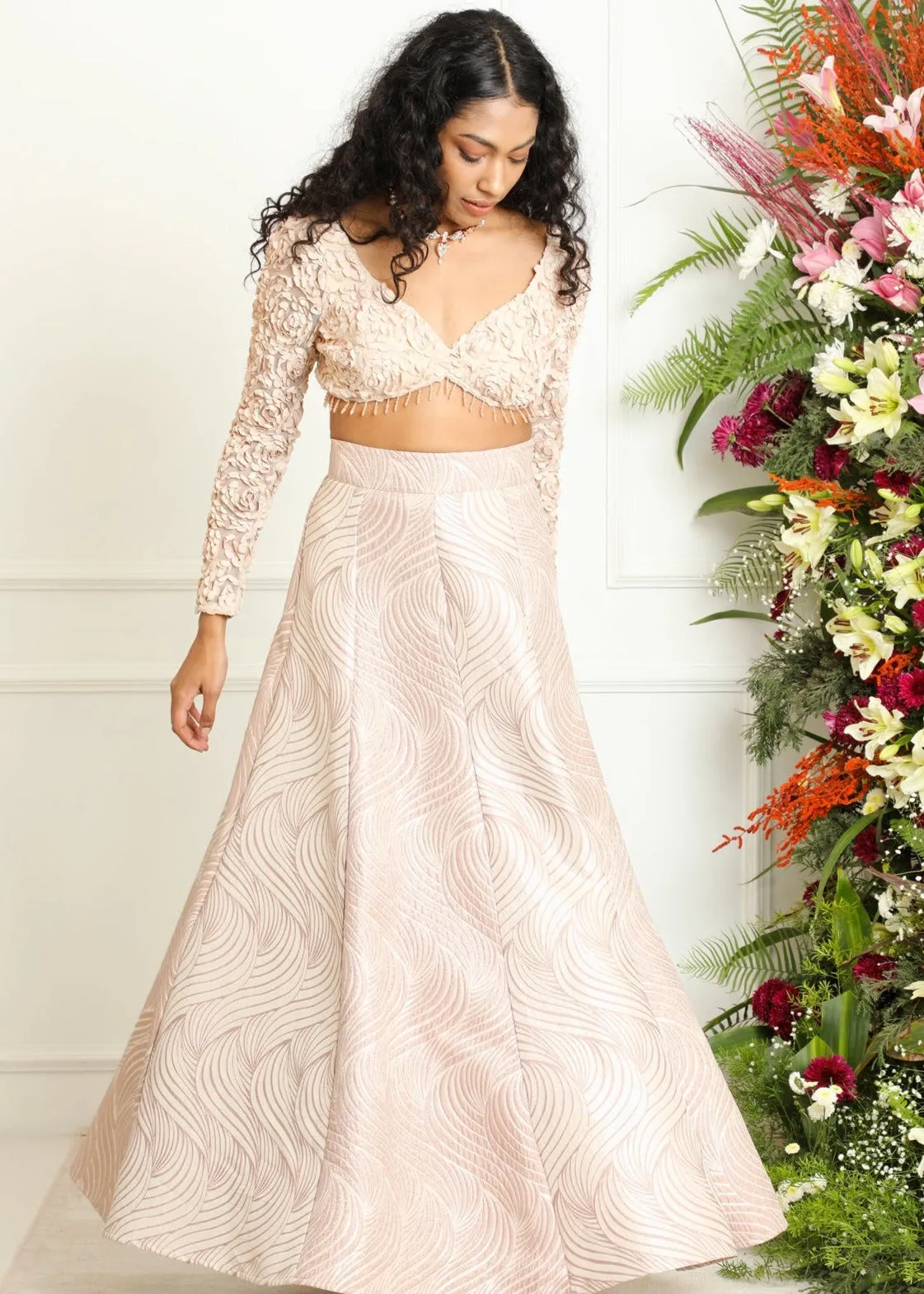 Mina and Idika Rose Gold Silk Jacquard Kali Lehenga Set