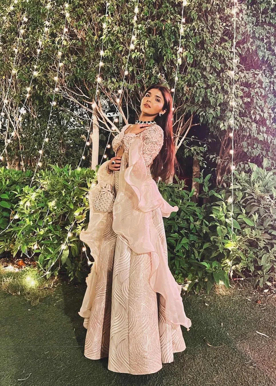 Mina and Idika Rose Gold Silk Jacquard Kali Lehenga Set