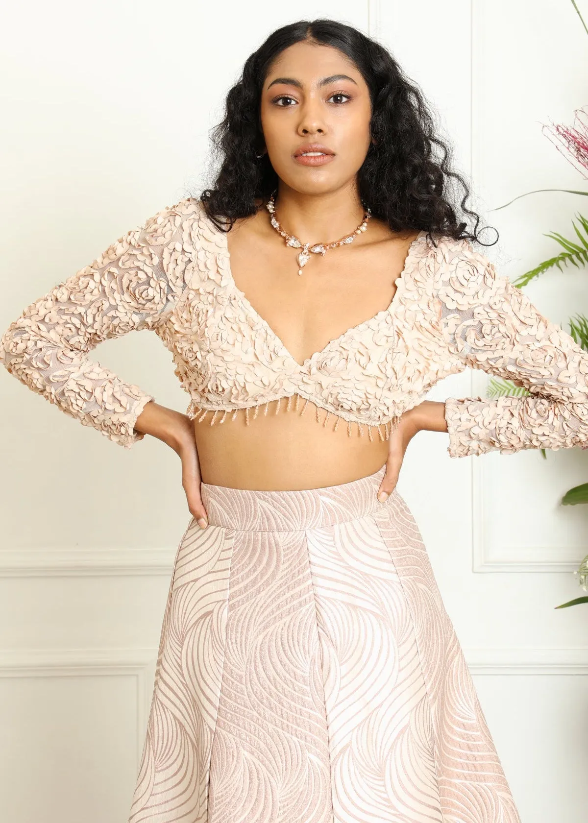 Mina and Idika Rose Gold Silk Jacquard Kali Lehenga Set