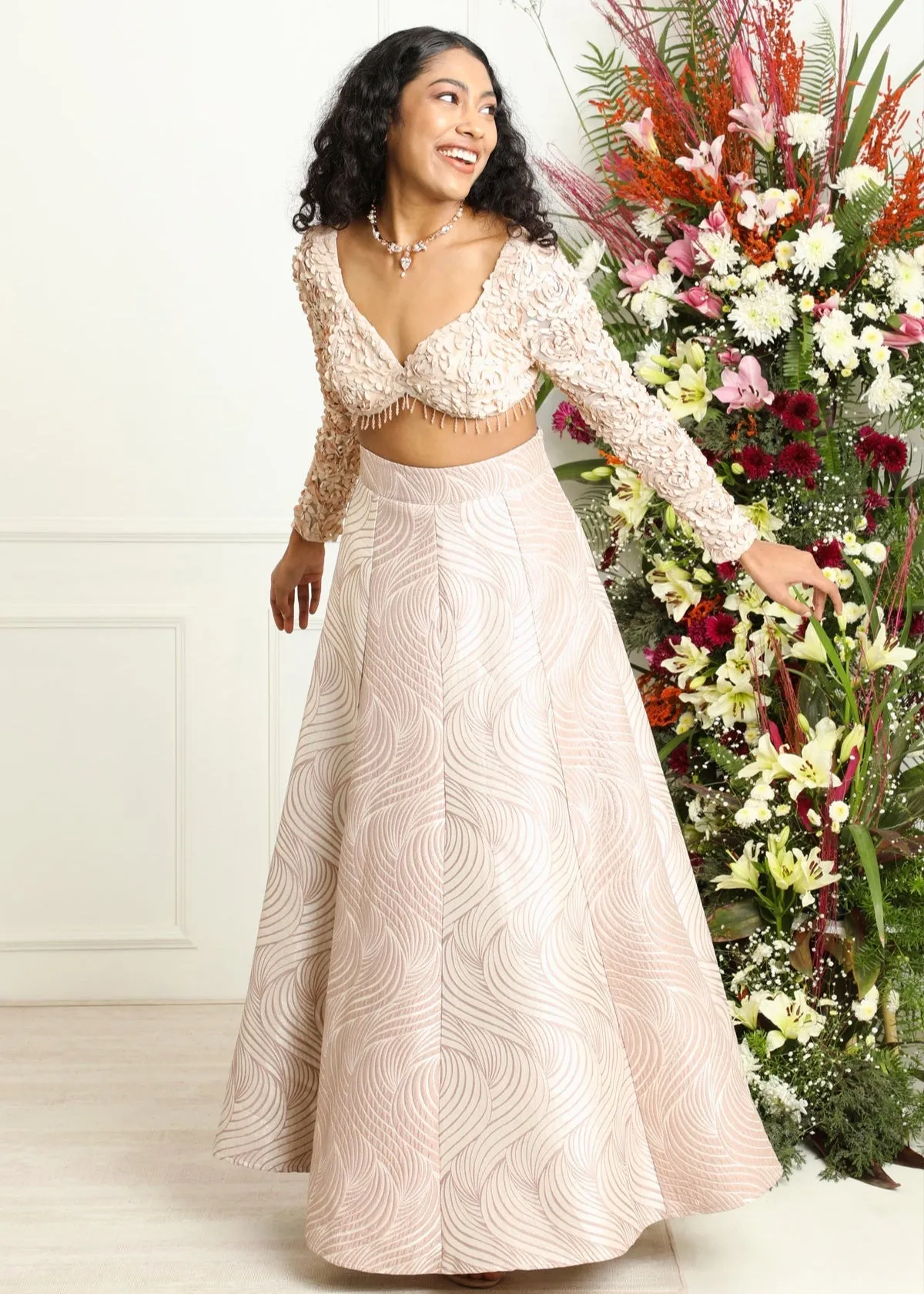 Mina and Idika Rose Gold Silk Jacquard Kali Lehenga Set