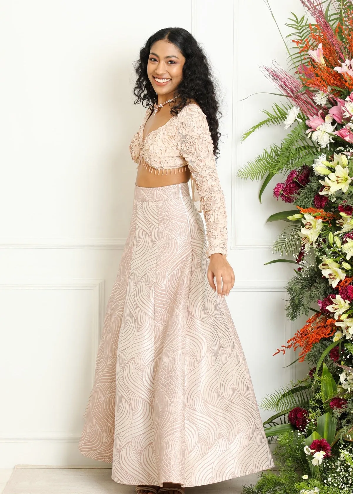 Mina and Idika Rose Gold Silk Jacquard Kali Lehenga Set