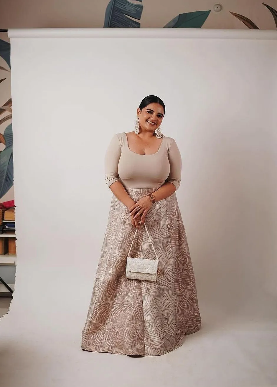 Mina and Idika Rose Gold Silk Jacquard Kali Lehenga Set