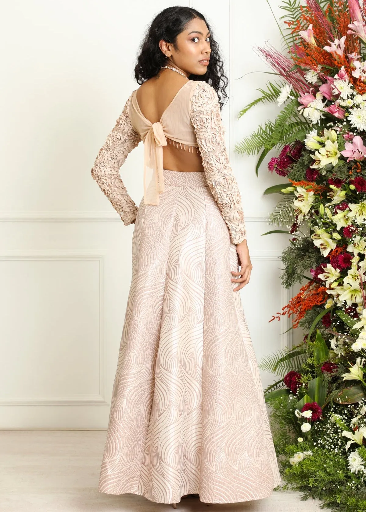 Mina and Idika Rose Gold Silk Jacquard Kali Lehenga Set