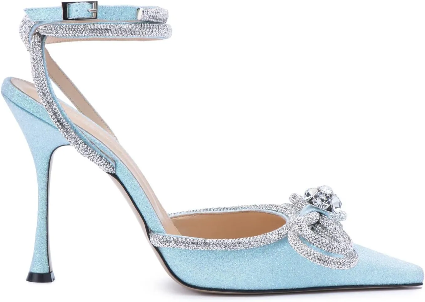 MissHeel Clear Rhinestone Ankle Strap Pumps Heels with Crystal Double Bows 3 inch