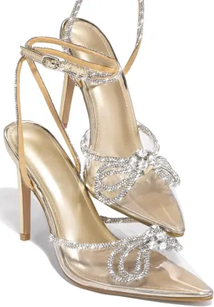 MissHeel Rhinestone Ankle Strap Clear Pumps Heels with Crystal Double Bows 3 inch