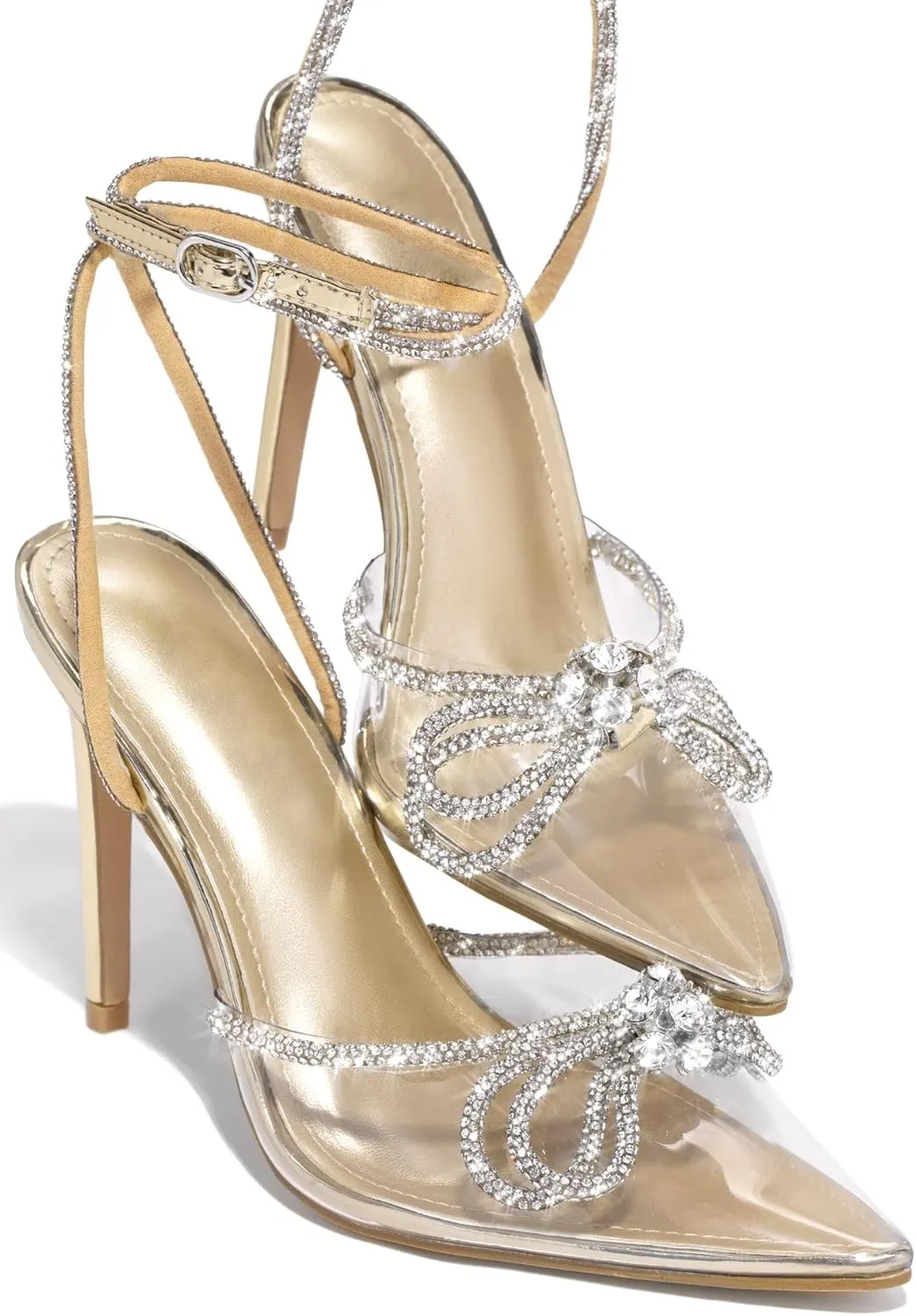 MissHeel Rhinestone Ankle Strap Clear Pumps Heels with Crystal Double Bows 3 inch
