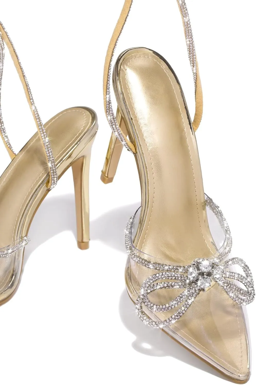 MissHeel Rhinestone Ankle Strap Clear Pumps Heels with Crystal Double Bows 3 inch