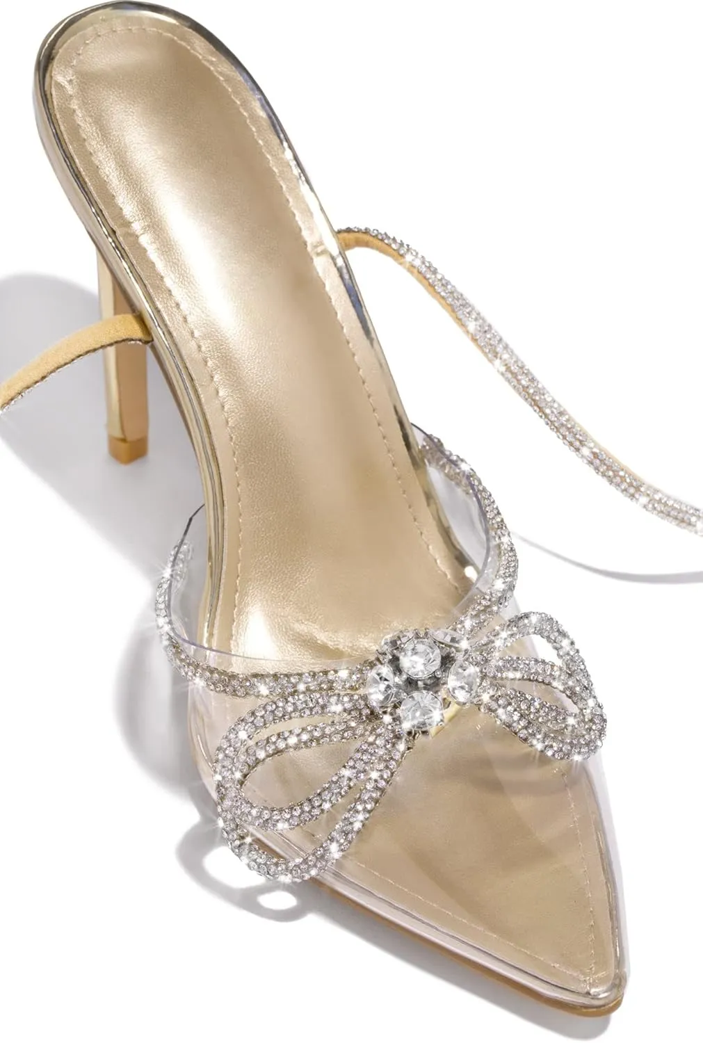 MissHeel Rhinestone Ankle Strap Clear Pumps Heels with Crystal Double Bows 3 inch