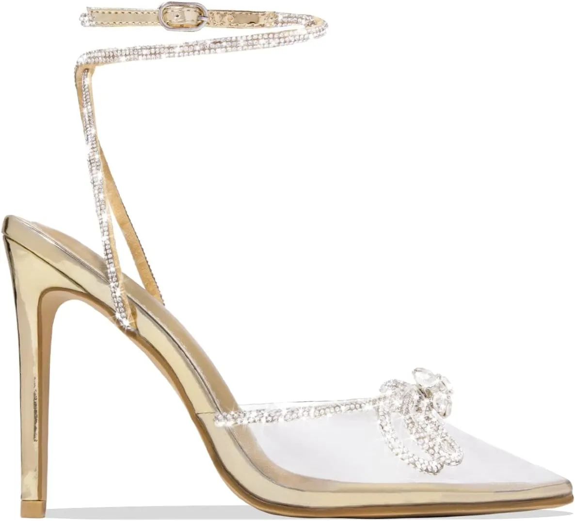MissHeel Rhinestone Ankle Strap Clear Pumps Heels with Crystal Double Bows 3 inch