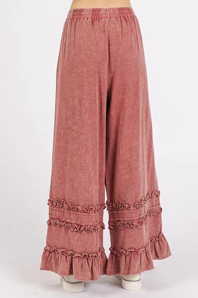 Mittoshop Ruffle Trim Pocket Mineral Wash Wide Leg Pants
