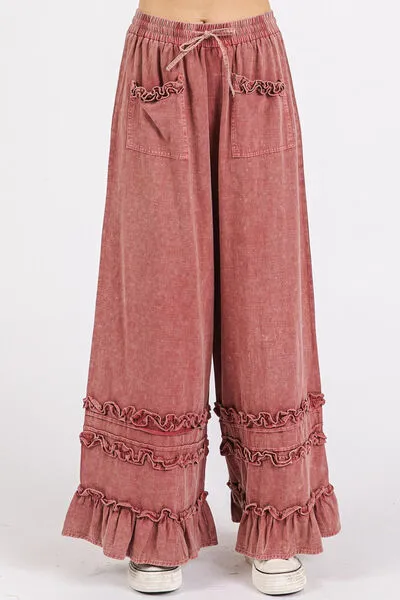 Mittoshop Ruffle Trim Pocket Mineral Wash Wide Leg Pants