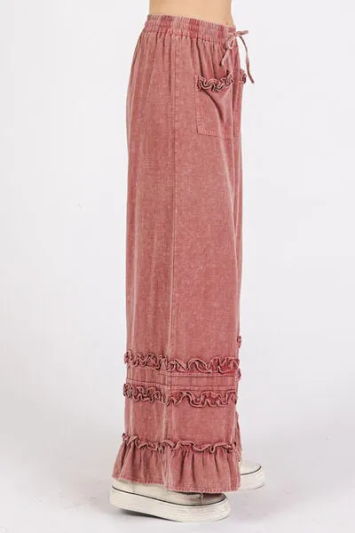 Mittoshop Ruffle Trim Pocket Mineral Wash Wide Leg Pants
