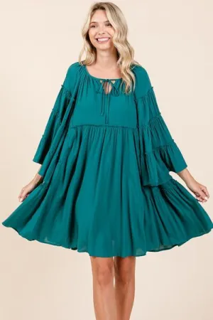 Mittoshop Teal Green Frill Tie Neck Long Bell Sleeve Empire Waist Dress