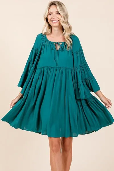 Mittoshop Teal Green Frill Tie Neck Long Bell Sleeve Empire Waist Dress