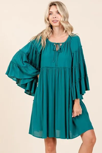 Mittoshop Teal Green Frill Tie Neck Long Bell Sleeve Empire Waist Dress