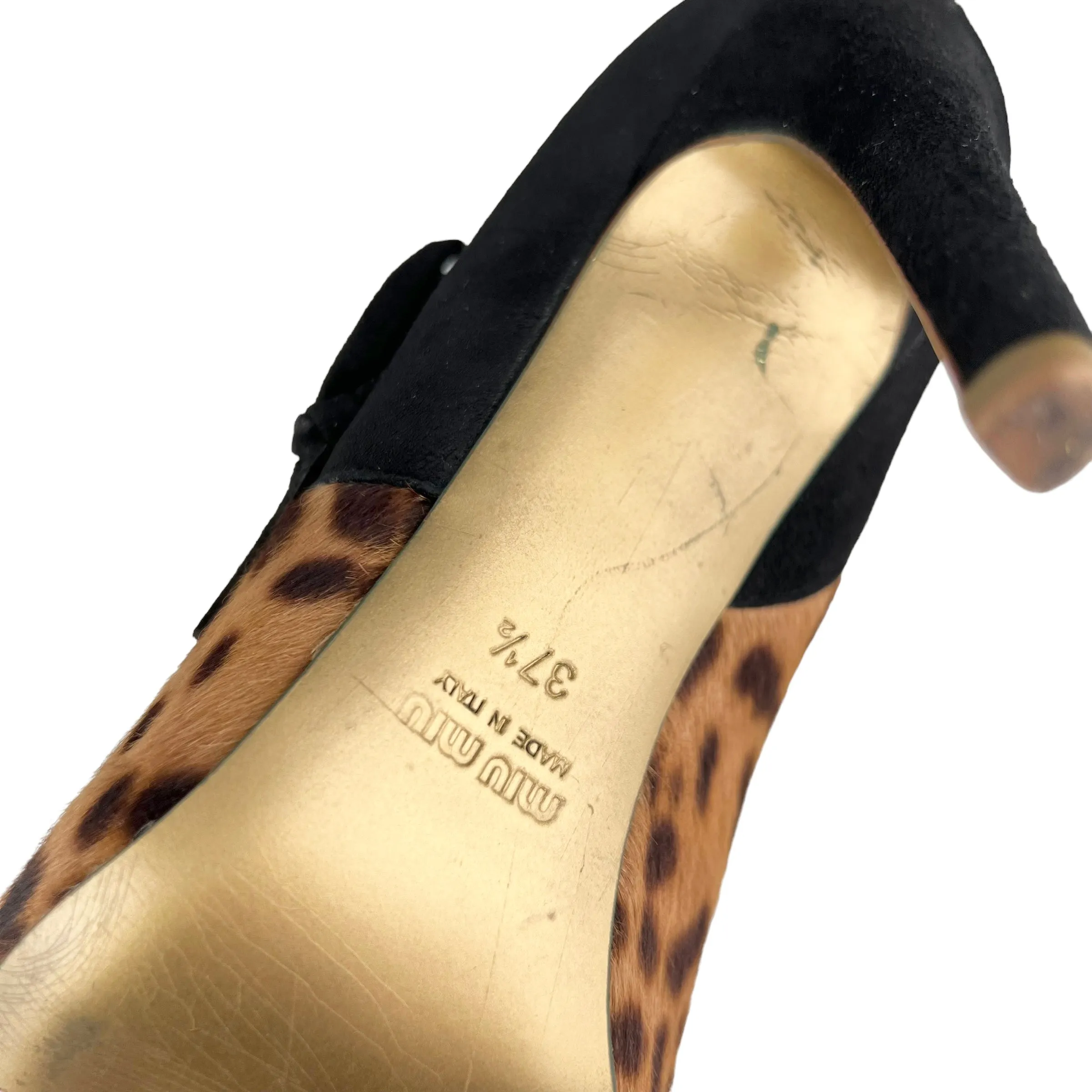 Miu Miu Leopard Print Calf Hair & Black Suede Leather Pointed Toe Pumps