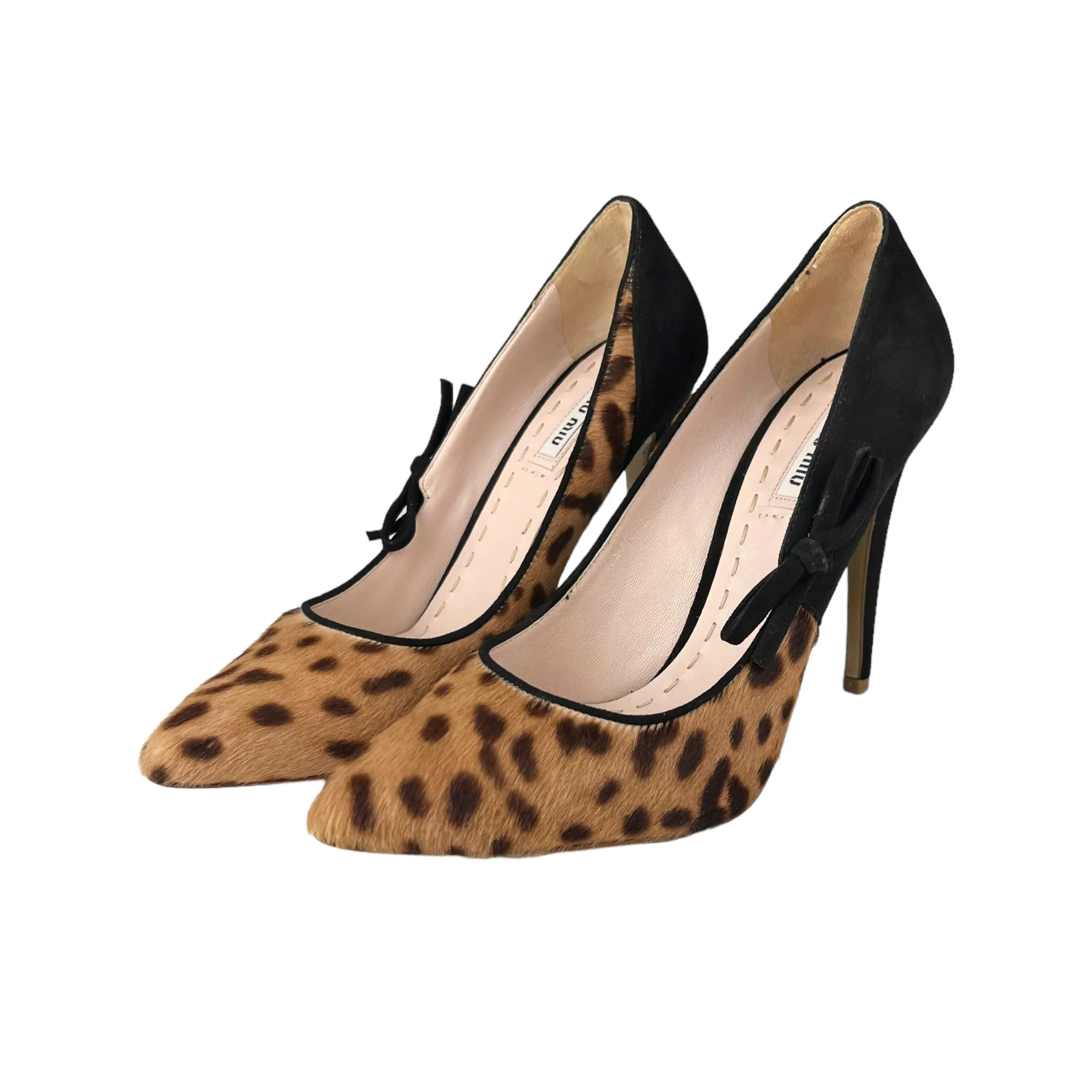 Miu Miu Leopard Print Calf Hair & Black Suede Leather Pointed Toe Pumps