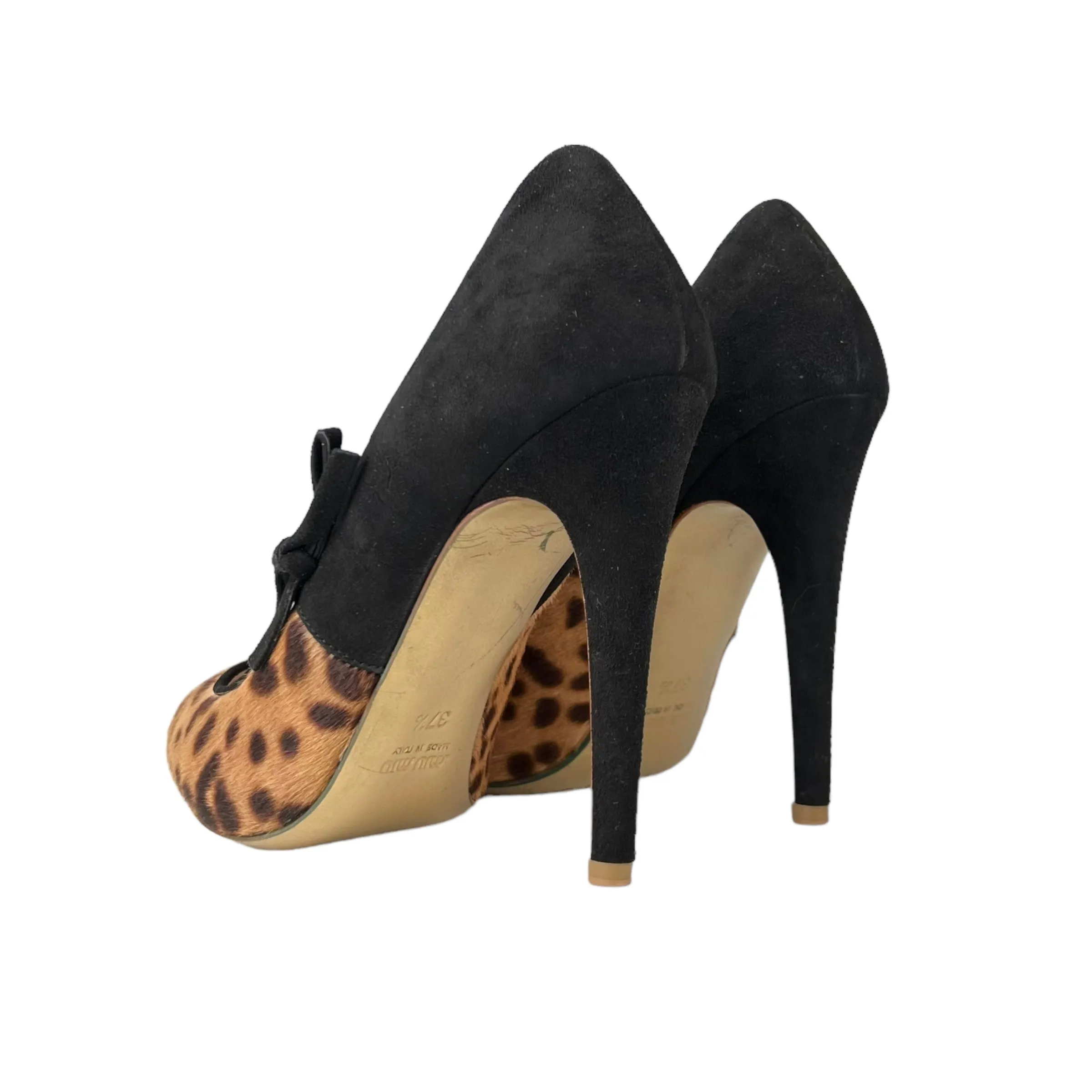 Miu Miu Leopard Print Calf Hair & Black Suede Leather Pointed Toe Pumps