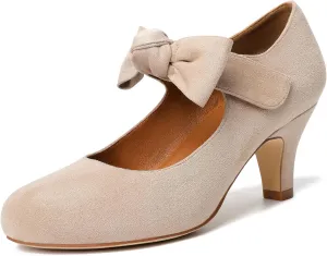 Mostrin Kitten Heels for Women Bow Mary Jane Pumps Closed Round Toe Low Heels Ankle Strap Dress Shoes for Wedding Evening Church