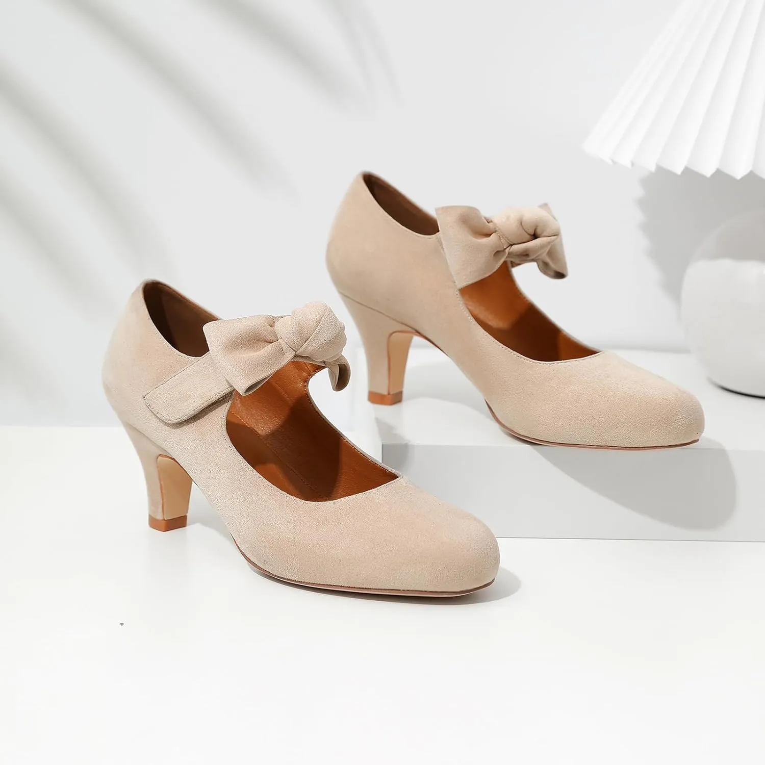 Mostrin Kitten Heels for Women Bow Mary Jane Pumps Closed Round Toe Low Heels Ankle Strap Dress Shoes for Wedding Evening Church