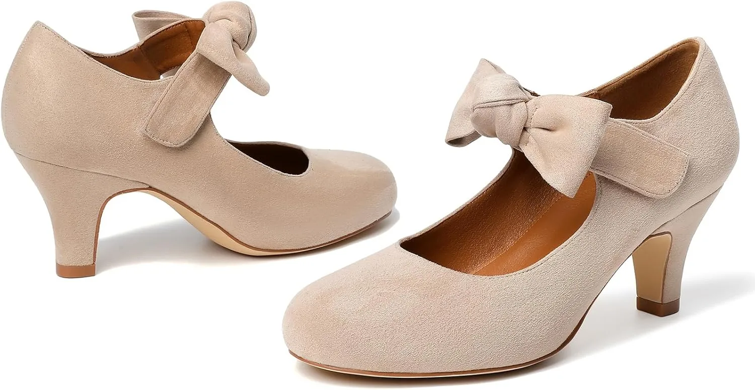 Mostrin Kitten Heels for Women Bow Mary Jane Pumps Closed Round Toe Low Heels Ankle Strap Dress Shoes for Wedding Evening Church