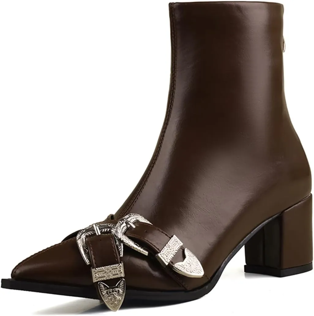MRKEUWNEY Fashion Womens Block Low Heel Booties Dress Ankle Boots Buckle Party Heels Short Boots US2-US13.5