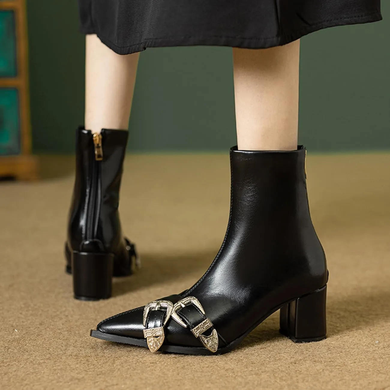 MRKEUWNEY Fashion Womens Block Low Heel Booties Dress Ankle Boots Buckle Party Heels Short Boots US2-US13.5
