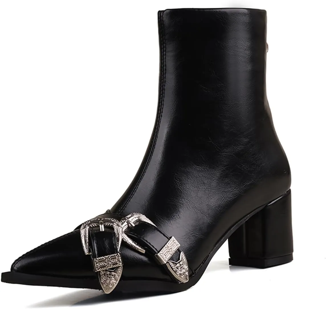 MRKEUWNEY Fashion Womens Block Low Heel Booties Dress Ankle Boots Buckle Party Heels Short Boots US2-US13.5