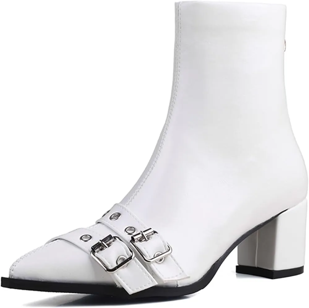 MRKEUWNEY Fashion Womens Block Low Heel Booties Dress Ankle Boots Buckle Party Heels Short Boots US2-US13.5