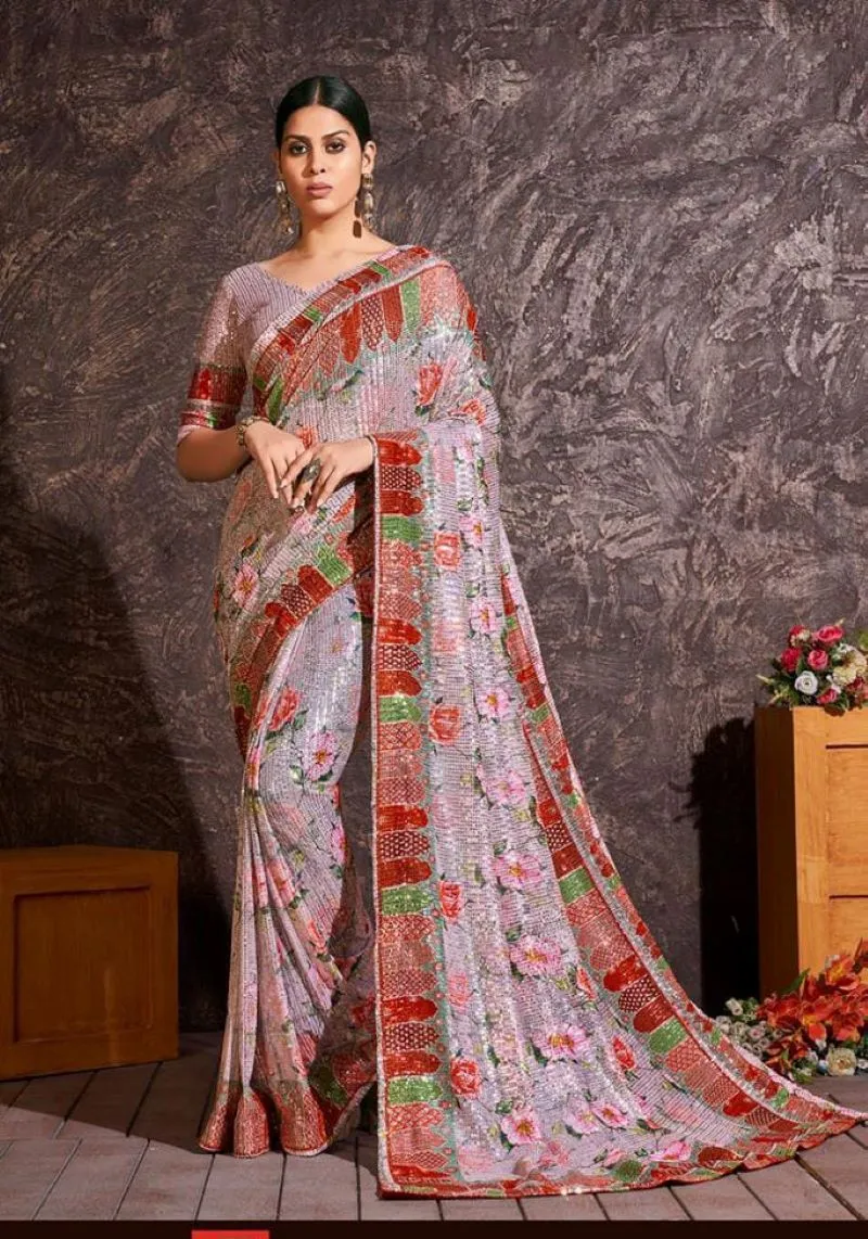 Multi Coloured Sequin Net Saree with Blouse