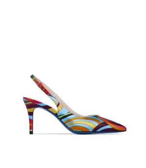 Multicolor print satin slingback pumps
