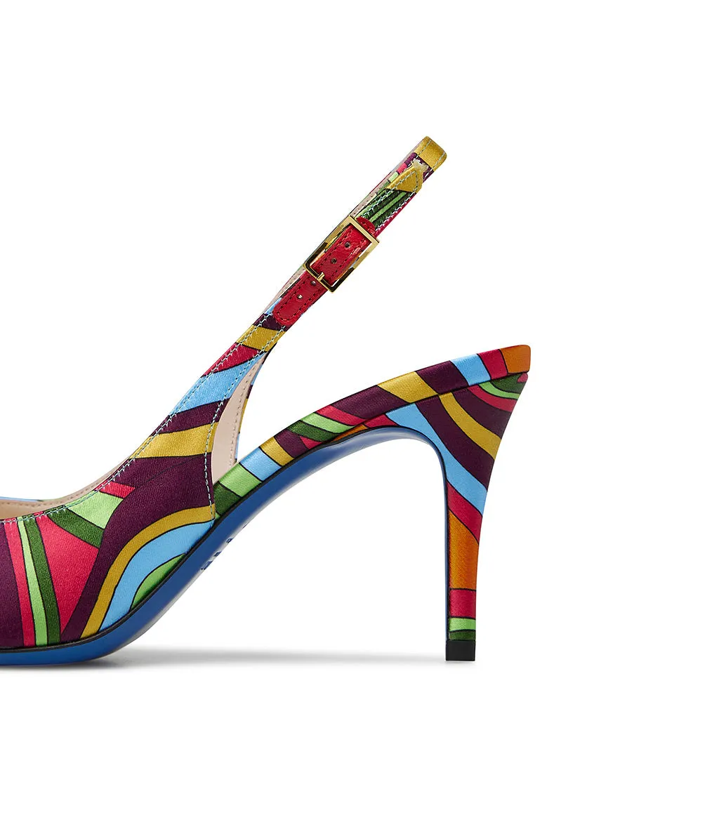 Multicolor print satin slingback pumps