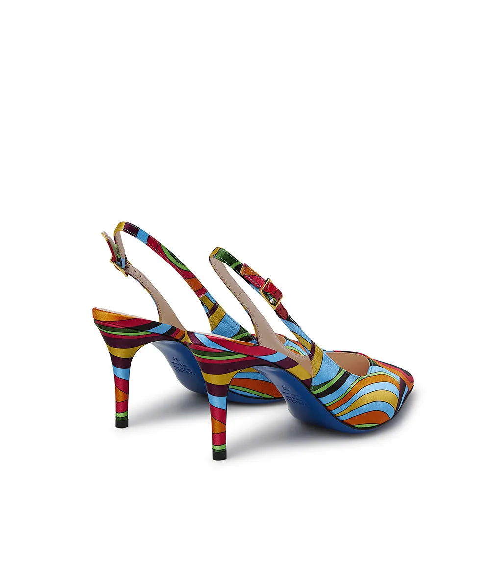 Multicolor print satin slingback pumps