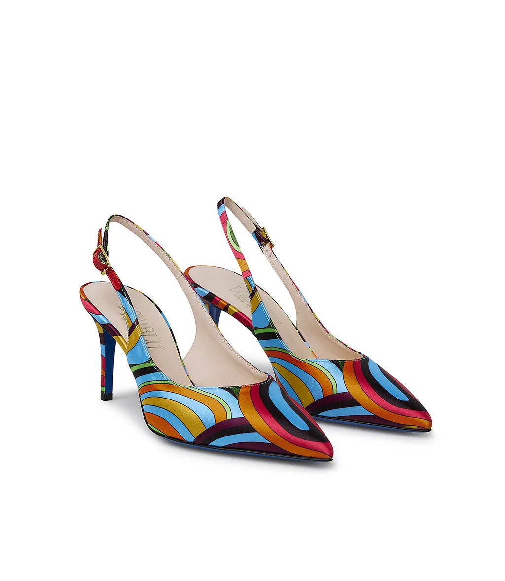 Multicolor print satin slingback pumps