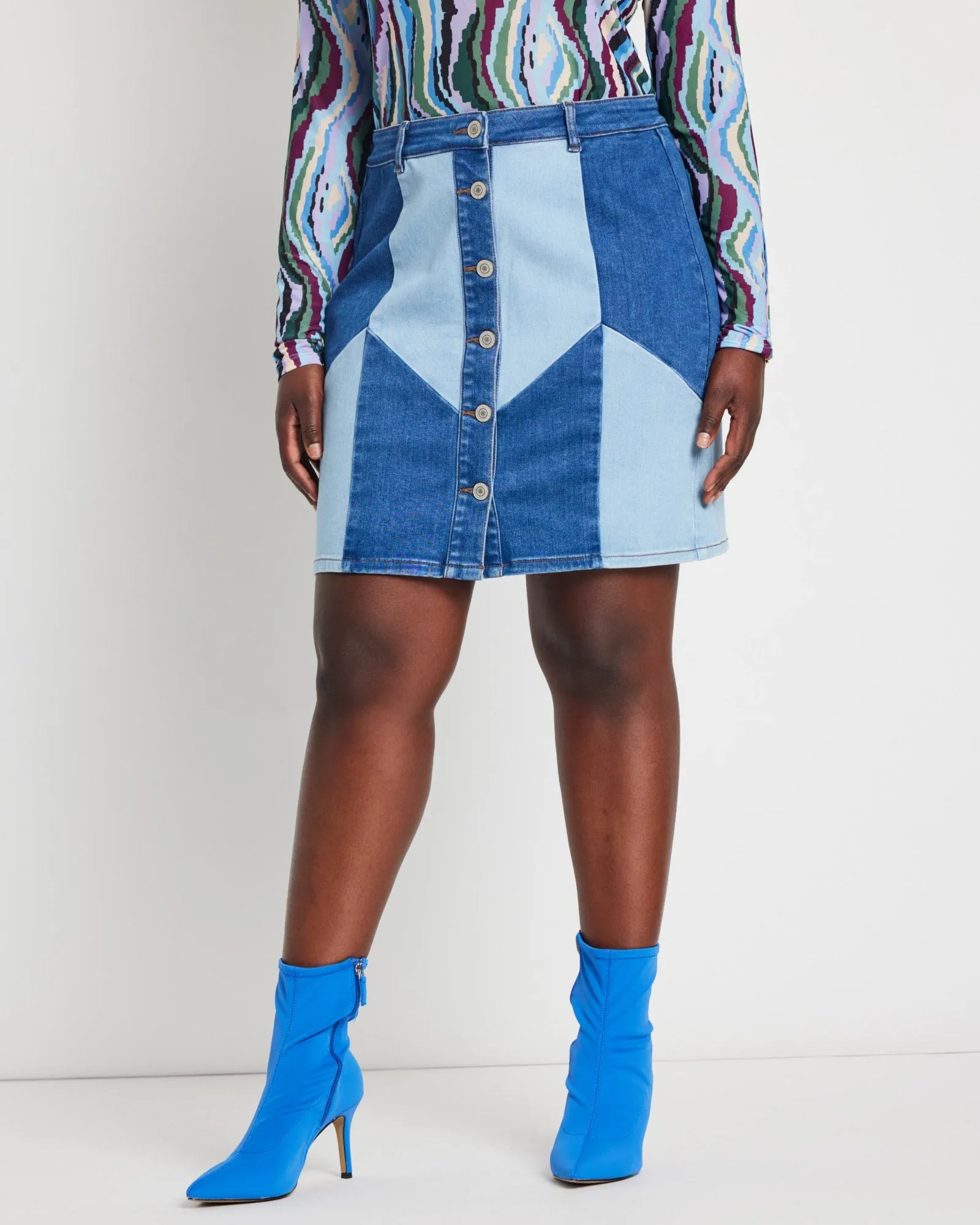 Muranda Denim Patchwork Mini Skirt | Light Wash   Dark Wash
