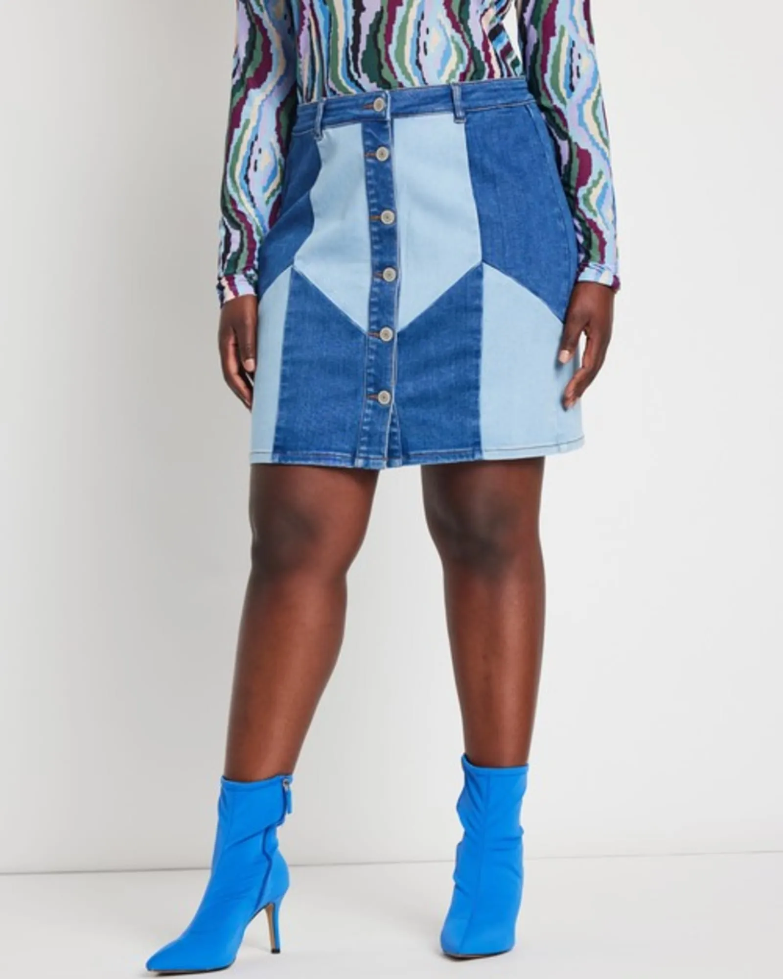 Muranda Denim Patchwork Mini Skirt | Light Wash   Dark Wash