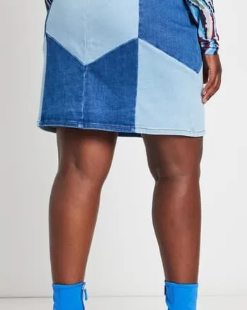 Muranda Denim Patchwork Mini Skirt | Light Wash   Dark Wash