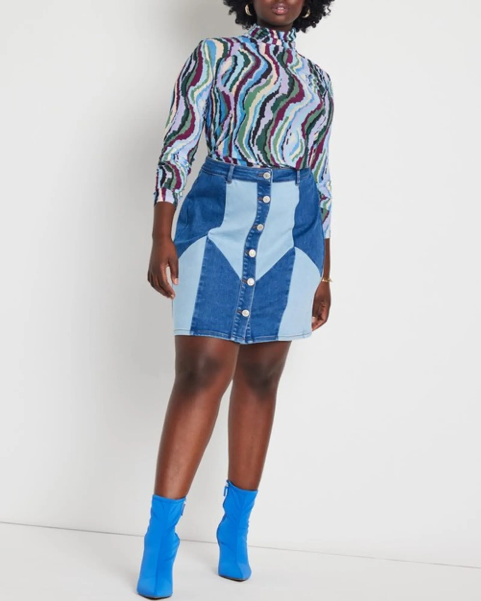 Muranda Denim Patchwork Mini Skirt | Light Wash   Dark Wash