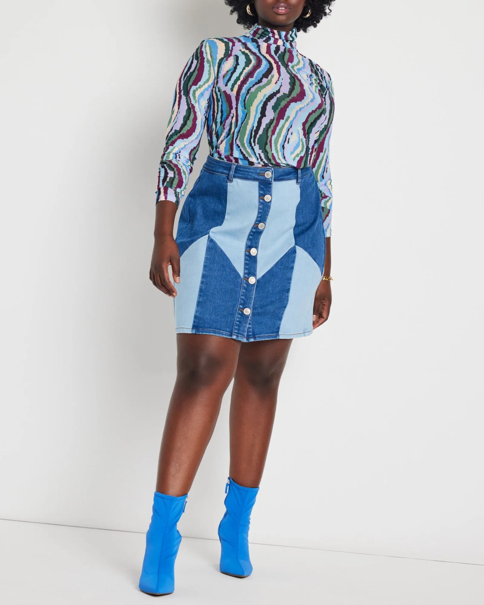 Muranda Denim Patchwork Mini Skirt | Light Wash   Dark Wash